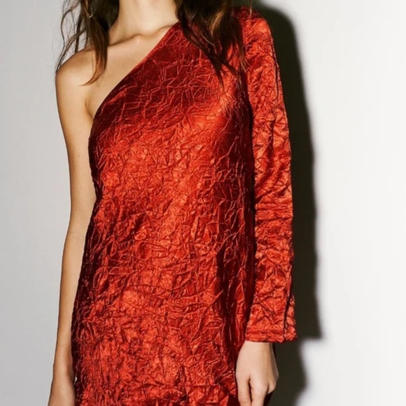 Third Form x Free People Red Crinkle Satin Running Water One Shoulder Mini dress - Picture 2 of 12
